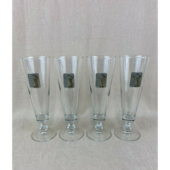 PGA Tour Pilsner Beer Golf Glasses 8 oz Pewter Emblem Set of 4 - Picture 1 of 7